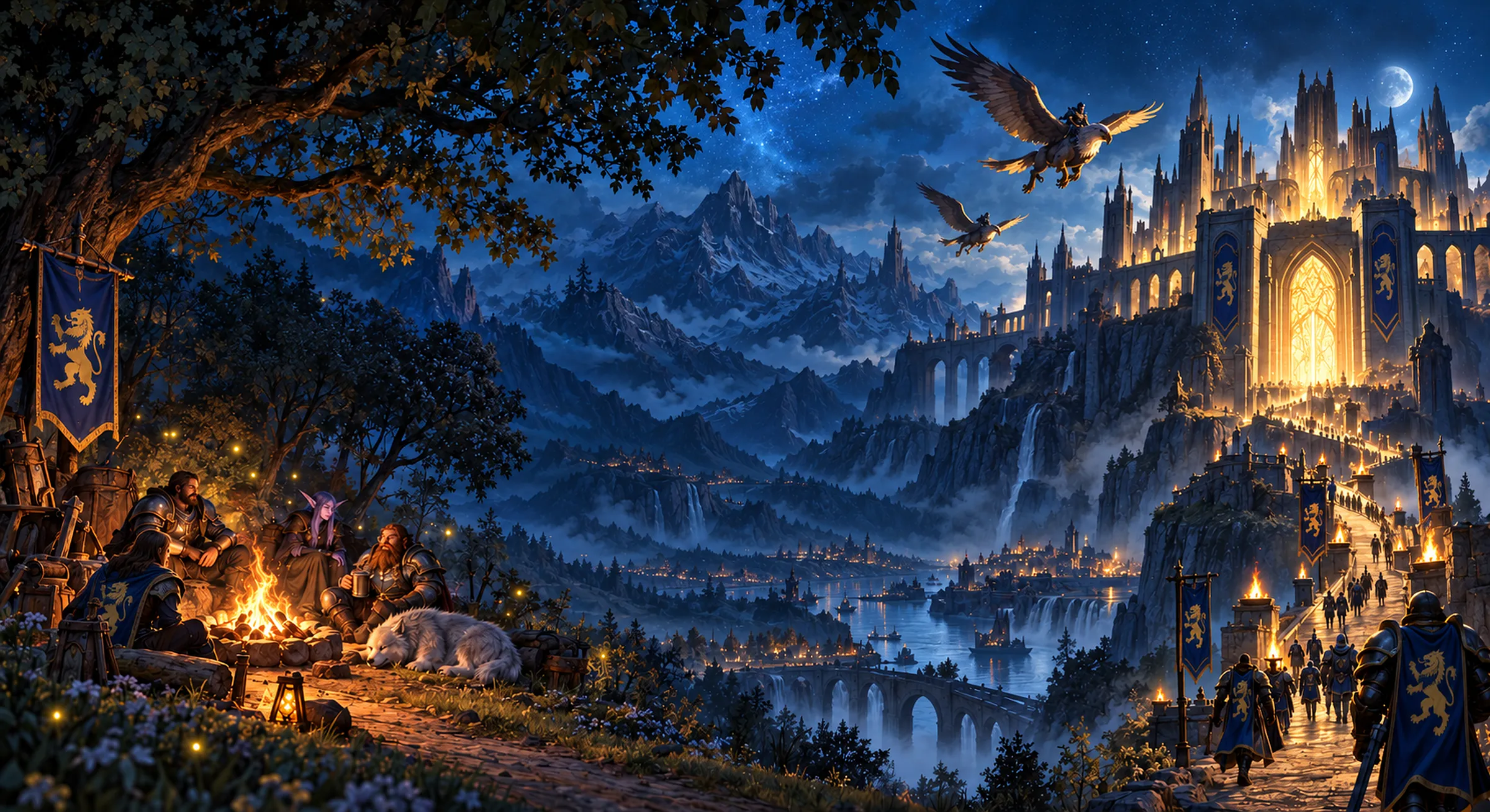 Night over a guild's road: adventurers rest at a campfire under an oak, while across the valley knights march a torchlit road to a golden citadel and gryphon riders circle overhead.