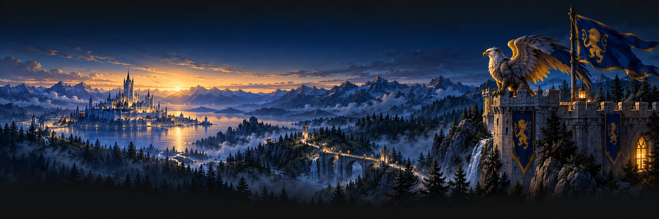 At dawn a gryphon perches on a watchtower flying a lion banner, above a road that winds toward a lakeside citadel.