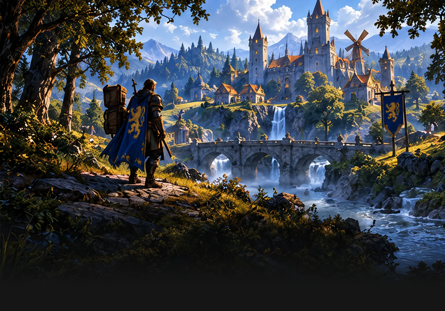 A cloaked traveler looks out over a river valley toward a hilltop town.