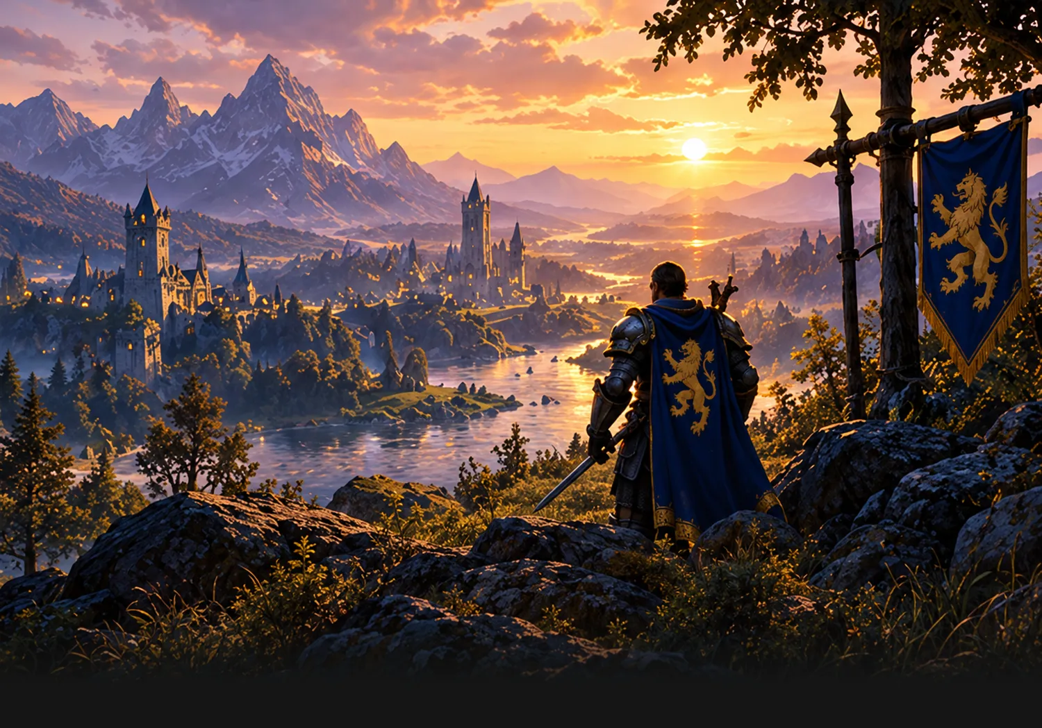 A knight beside a lion banner watches the sun set over mountains and distant spires.